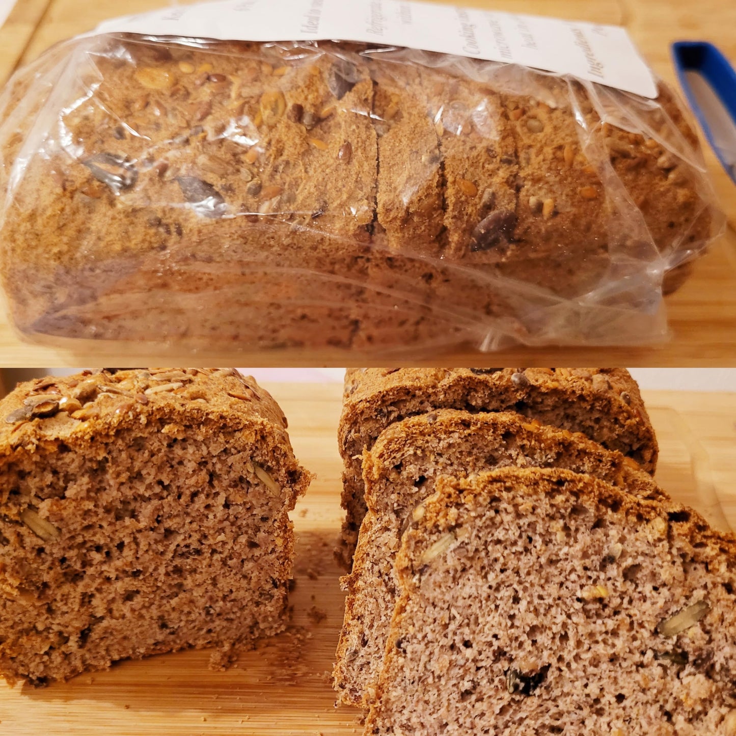 Mix for low carb with no added sugar 375g Bakery Bread Loaf, Coconut, Almond and wholewheat seeded with 0.8g Net Carbs Per Slice.