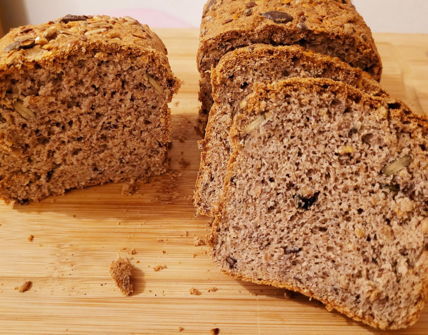 Mix for low carb with no added sugar 375g Bakery Bread Loaf, Coconut, Almond and wholewheat seeded with 0.8g Net Carbs Per Slice.